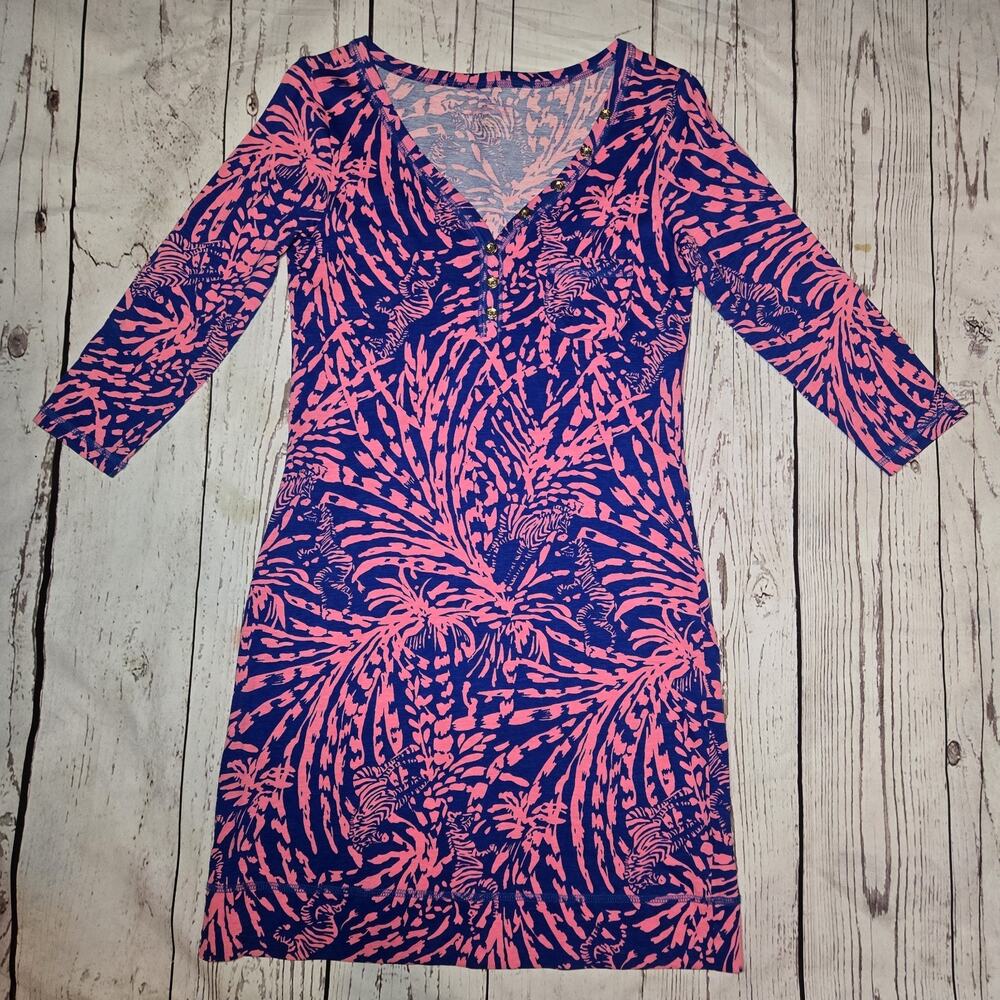 Lilly Pulitzer 100% Pima Cotton Zebra Print Dress Pink Blue V Neck gold Small